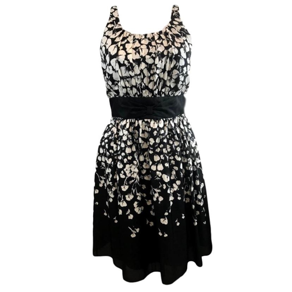 WHBM Fit and Flare Black & White Floral Silk Dress